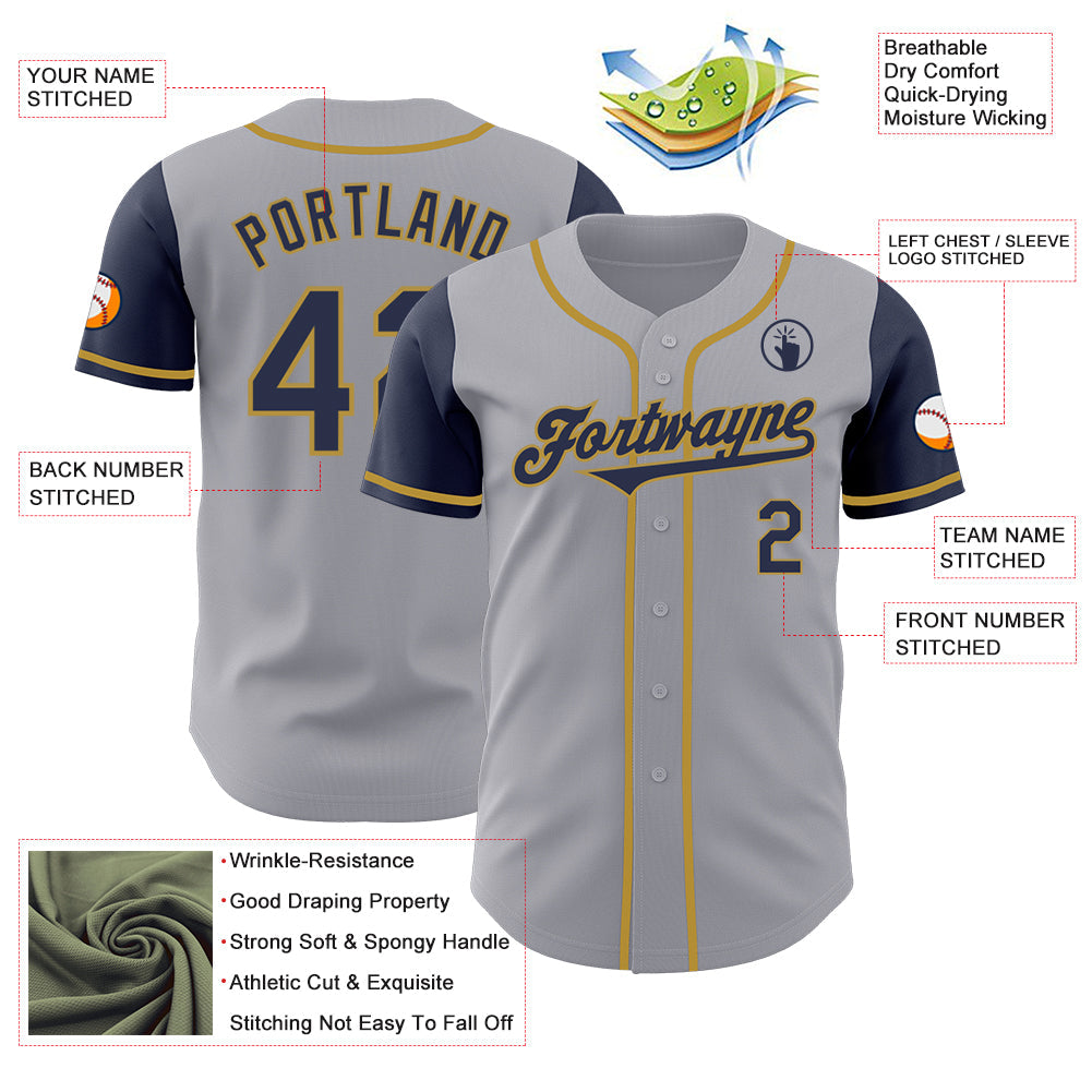 Custom Gray Navy-Old Gold Authentic Two Tone Baseball Jersey view 3