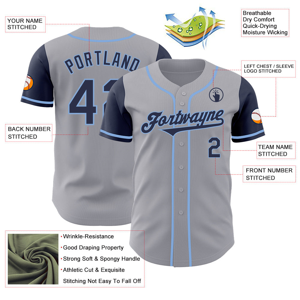 Custom Gray Navy-Light Blue Authentic Two Tone Baseball Jersey view 3
