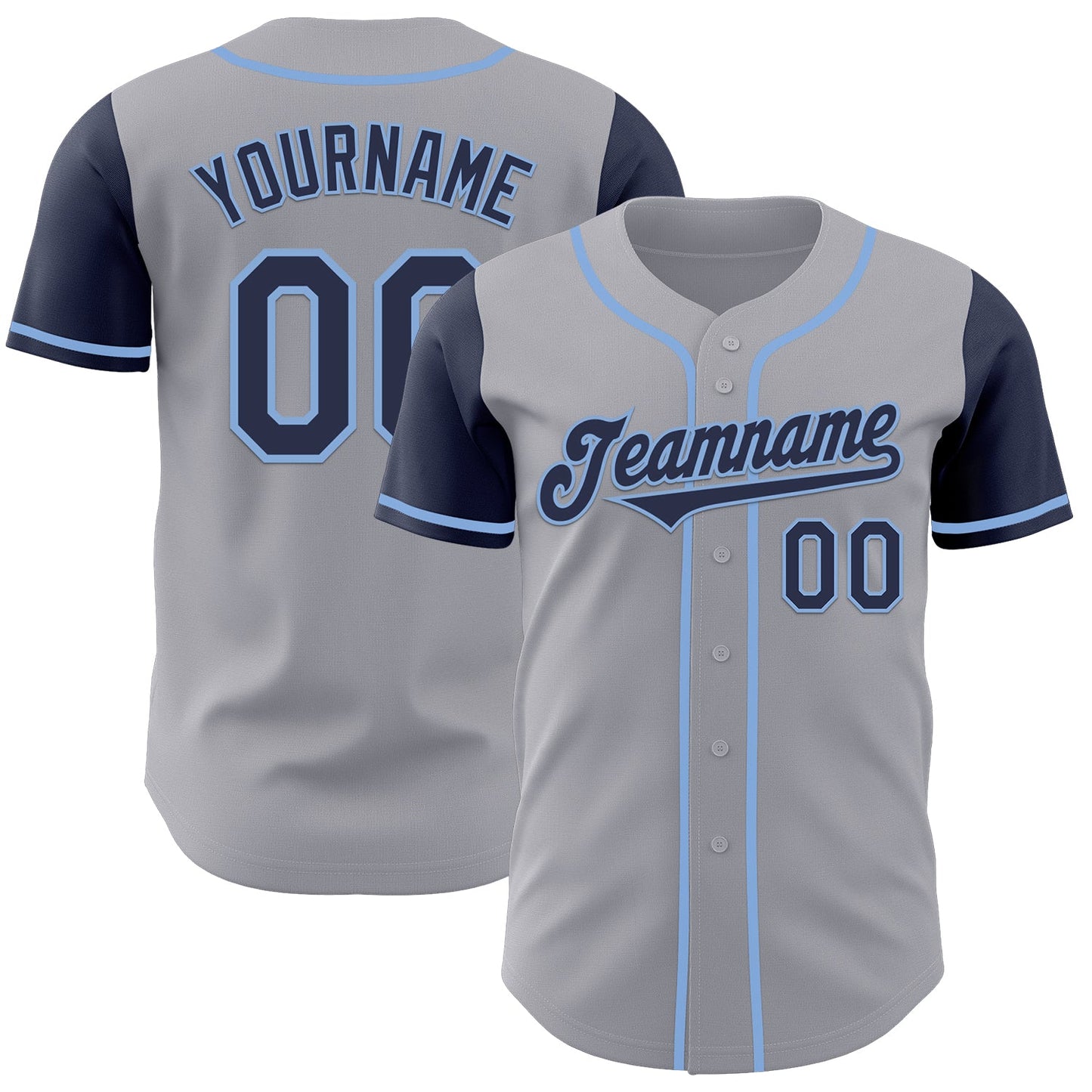 Custom Gray Navy-Light Blue Authentic Two Tone Baseball Jersey - Main View