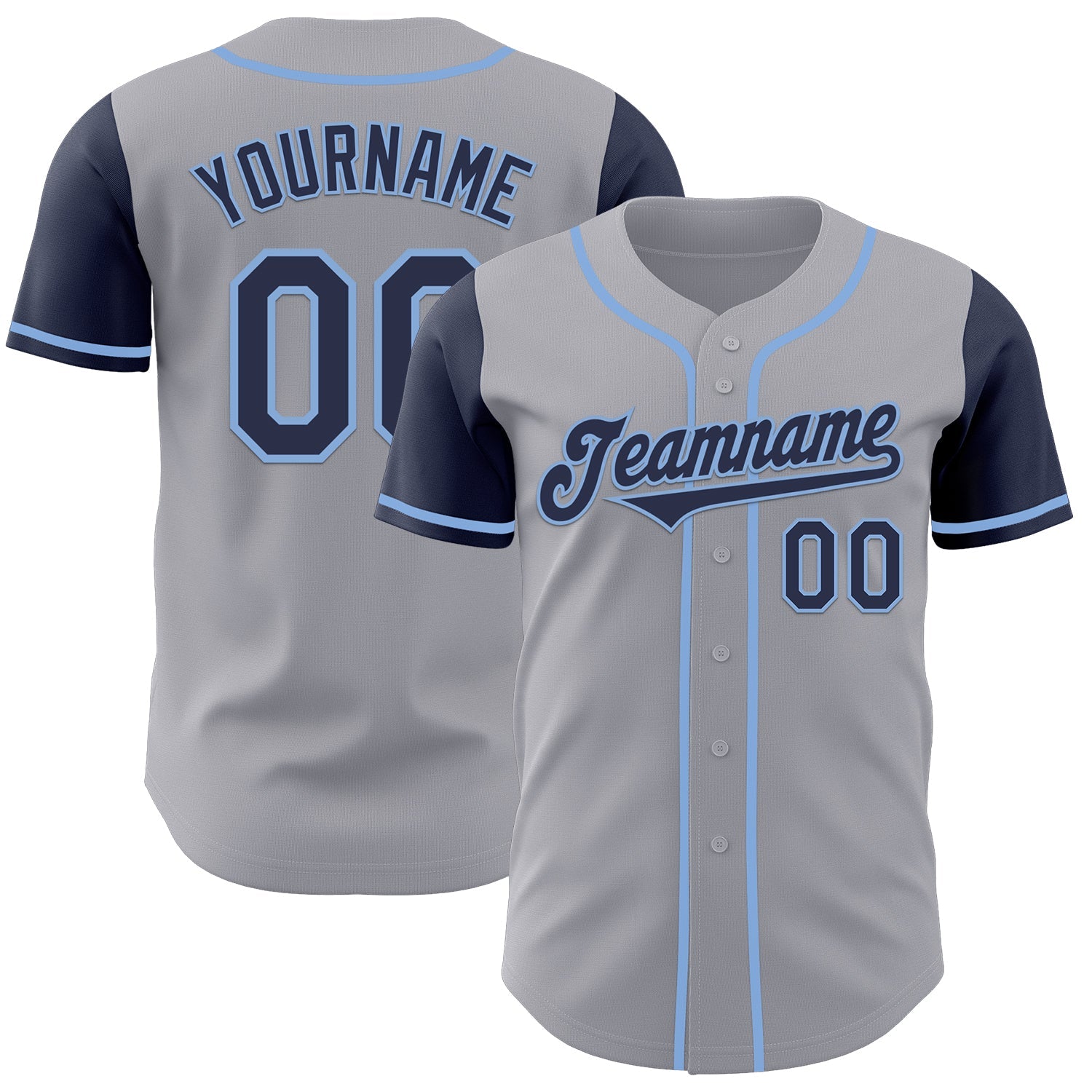 Custom Gray Navy-Light Blue Authentic Two Tone Baseball Jersey - Main View