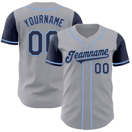 Custom Gray Navy-Light Blue Authentic Two Tone Baseball Jersey - Main View