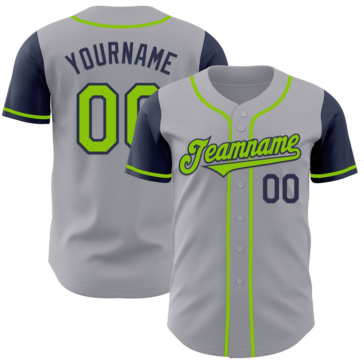 Custom Gray Neon Green-Navy Authentic Two Tone Baseball Jersey - Main View