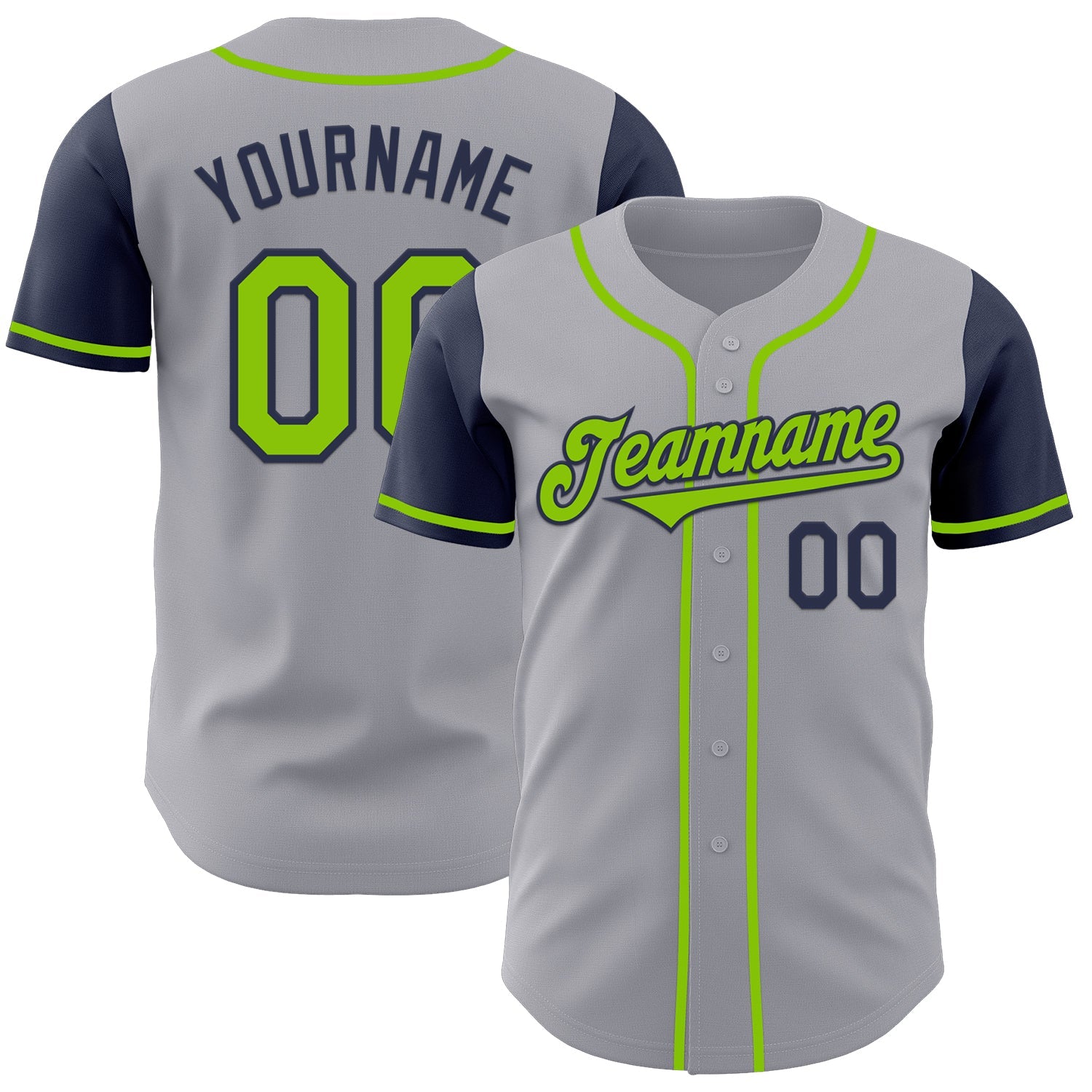Custom Gray Neon Green-Navy Authentic Two Tone Baseball Jersey - Main View