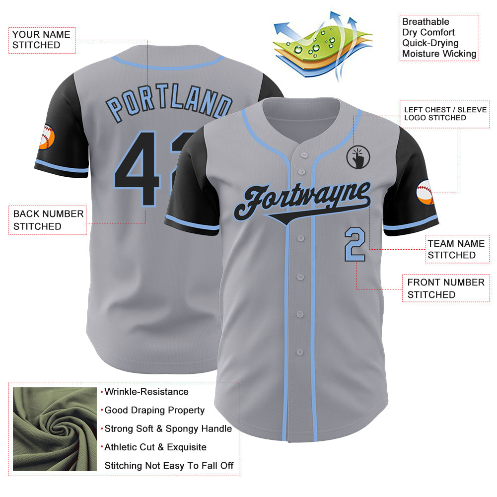 Custom Gray Black-Light Blue Authentic Two Tone Baseball Jersey view 3