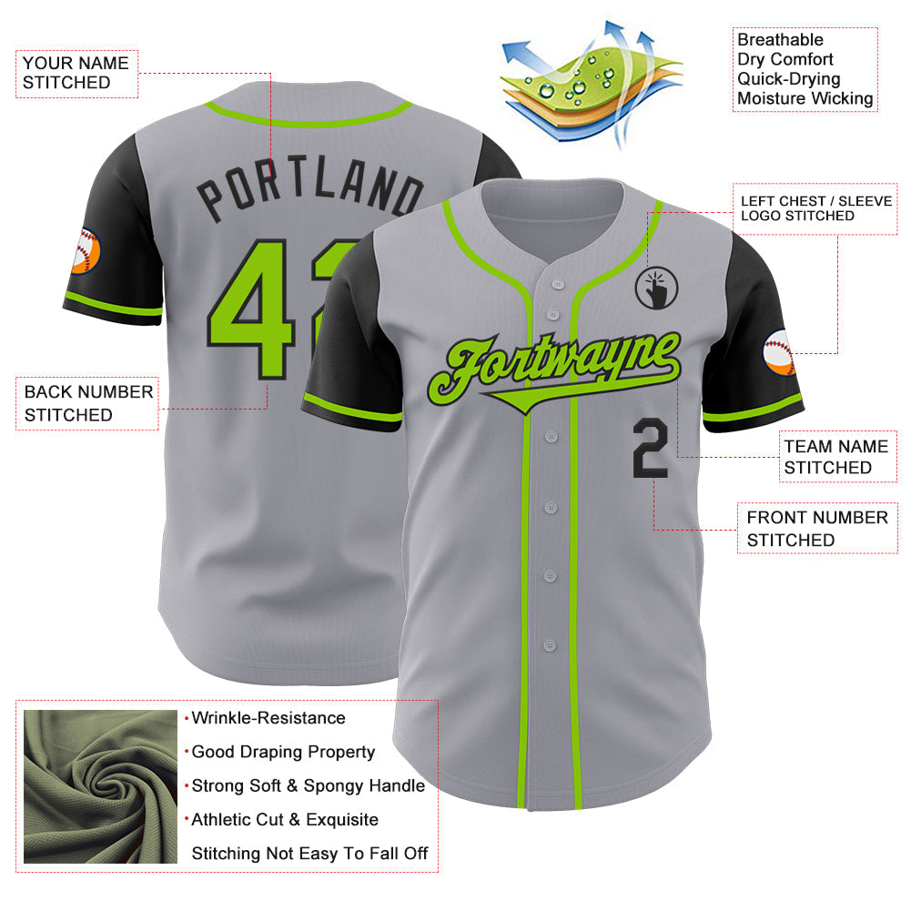 Custom Gray Neon Green-Black Authentic Two Tone Baseball Jersey view 3