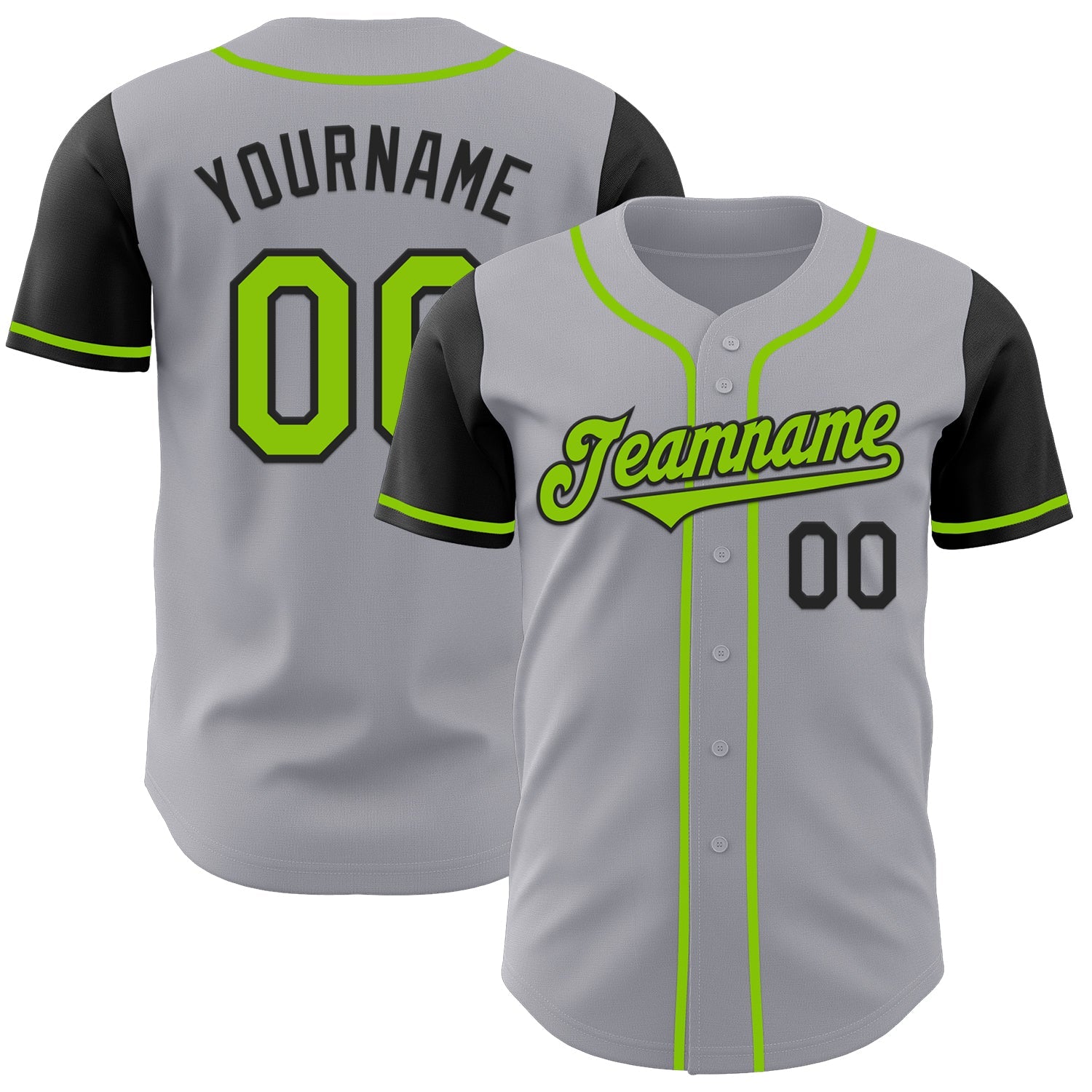 Custom Gray Neon Green-Black Authentic Two Tone Baseball Jersey - Main View
