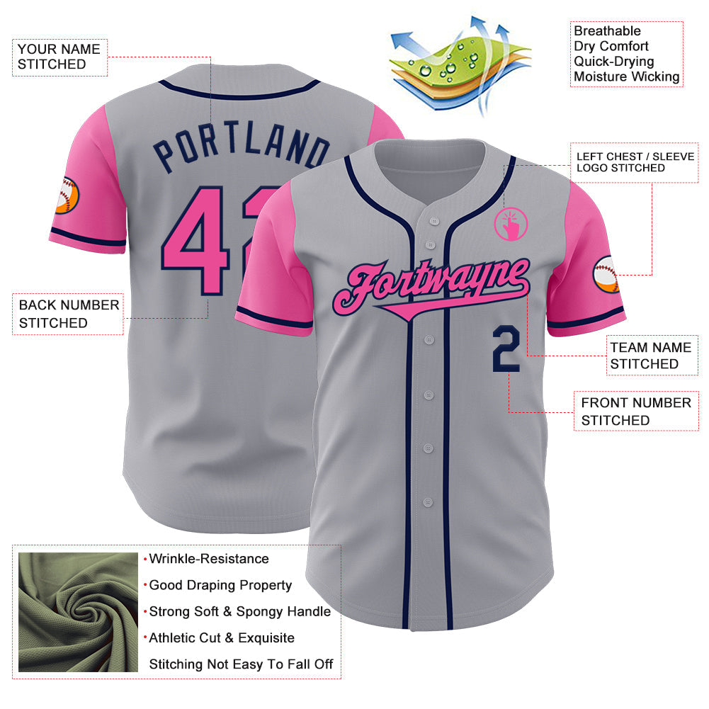 Custom Gray Pink-Navy Authentic Two Tone Baseball Jersey view 3