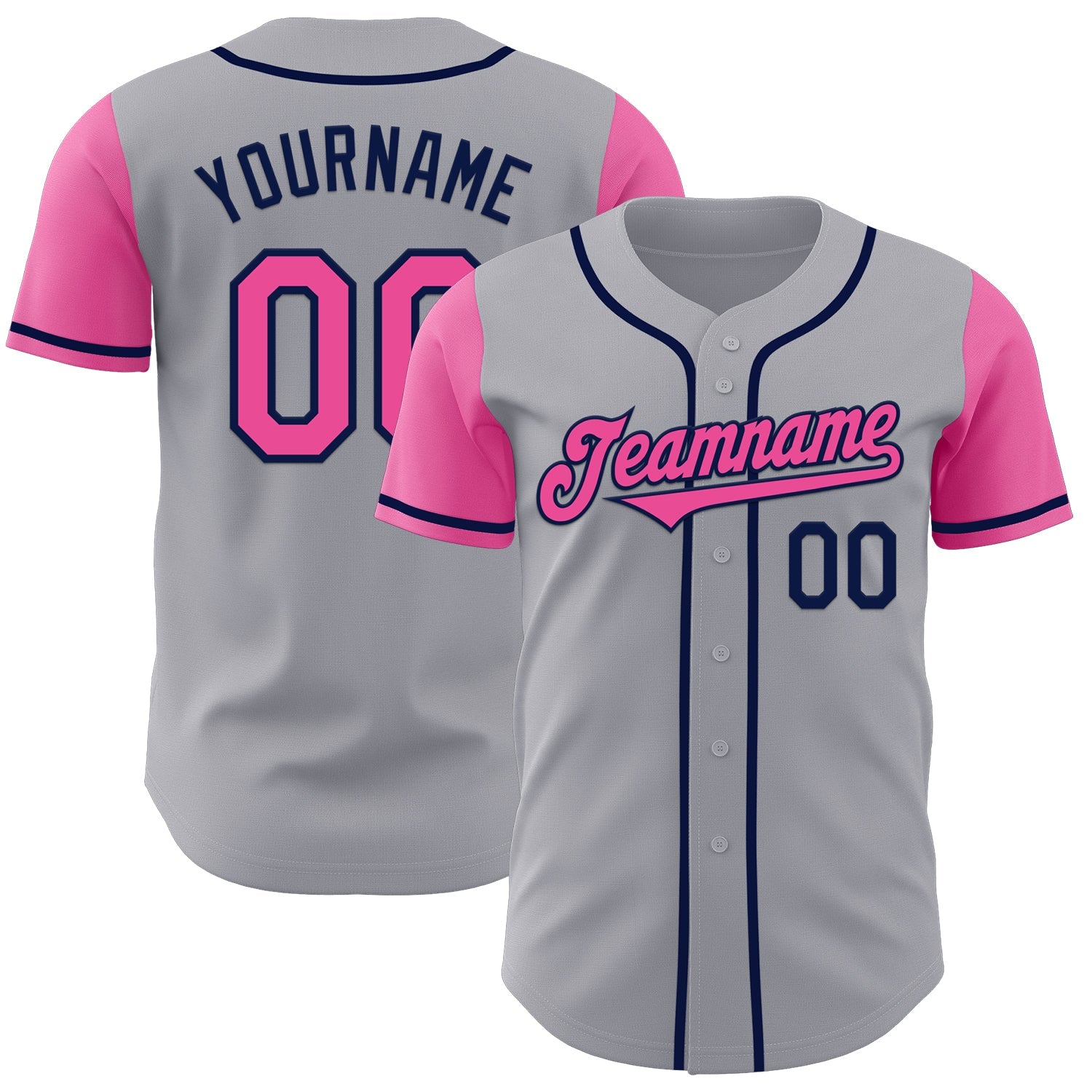 Custom Gray Pink-Navy Authentic Two Tone Baseball Jersey - Main View