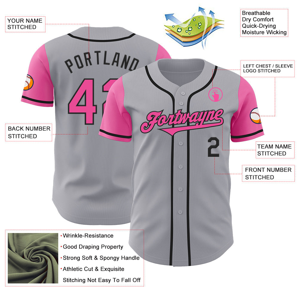 Custom Gray Pink-Black Authentic Two Tone Baseball Jersey view 3
