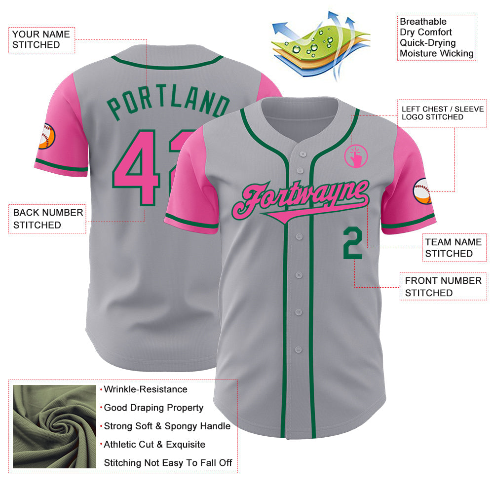 Custom Gray Pink-Kelly Green Authentic Two Tone Baseball Jersey view 3