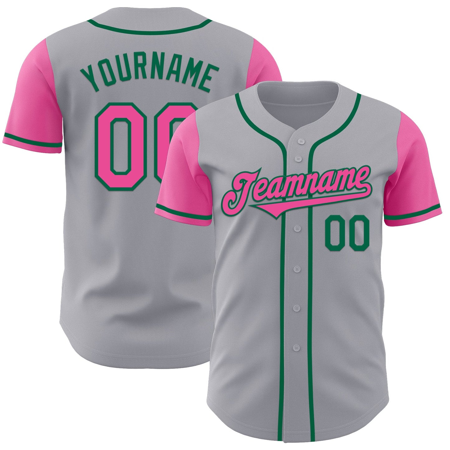 Custom Gray Pink-Kelly Green Authentic Two Tone Baseball Jersey - Main View