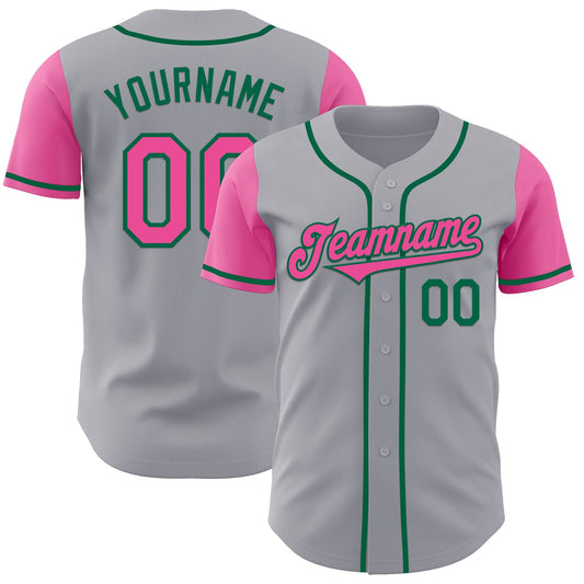 Custom Gray Pink-Kelly Green Authentic Two Tone Baseball Jersey - Main View