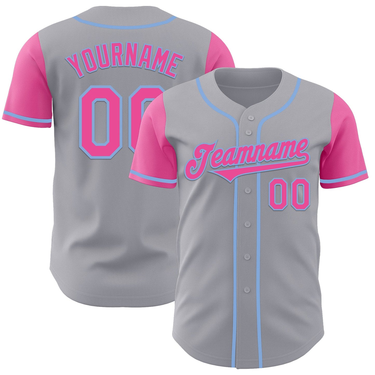 Custom Gray Pink-Light Blue Authentic Two Tone Baseball Jersey - Main View