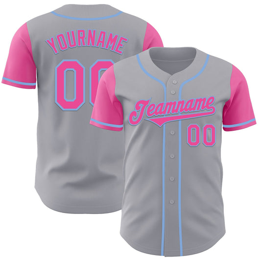 Custom Gray Pink-Light Blue Authentic Two Tone Baseball Jersey - Main View