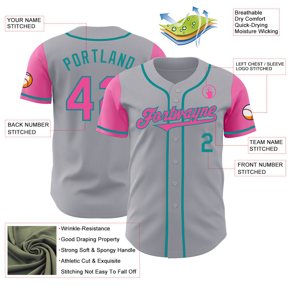 Custom Gray Pink-Teal Authentic Two Tone Baseball Jersey view 3