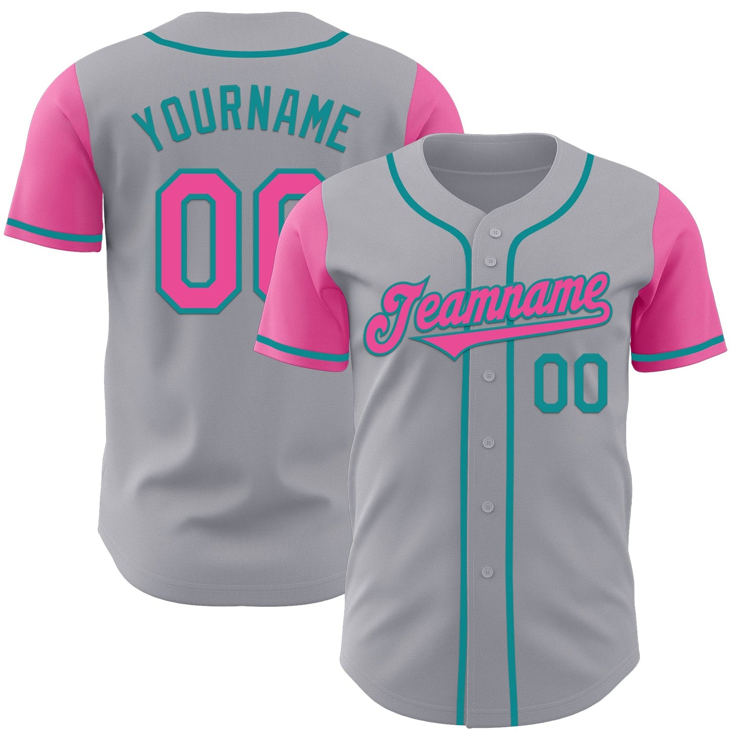 Custom Gray Pink-Teal Authentic Two Tone Baseball Jersey - Main View