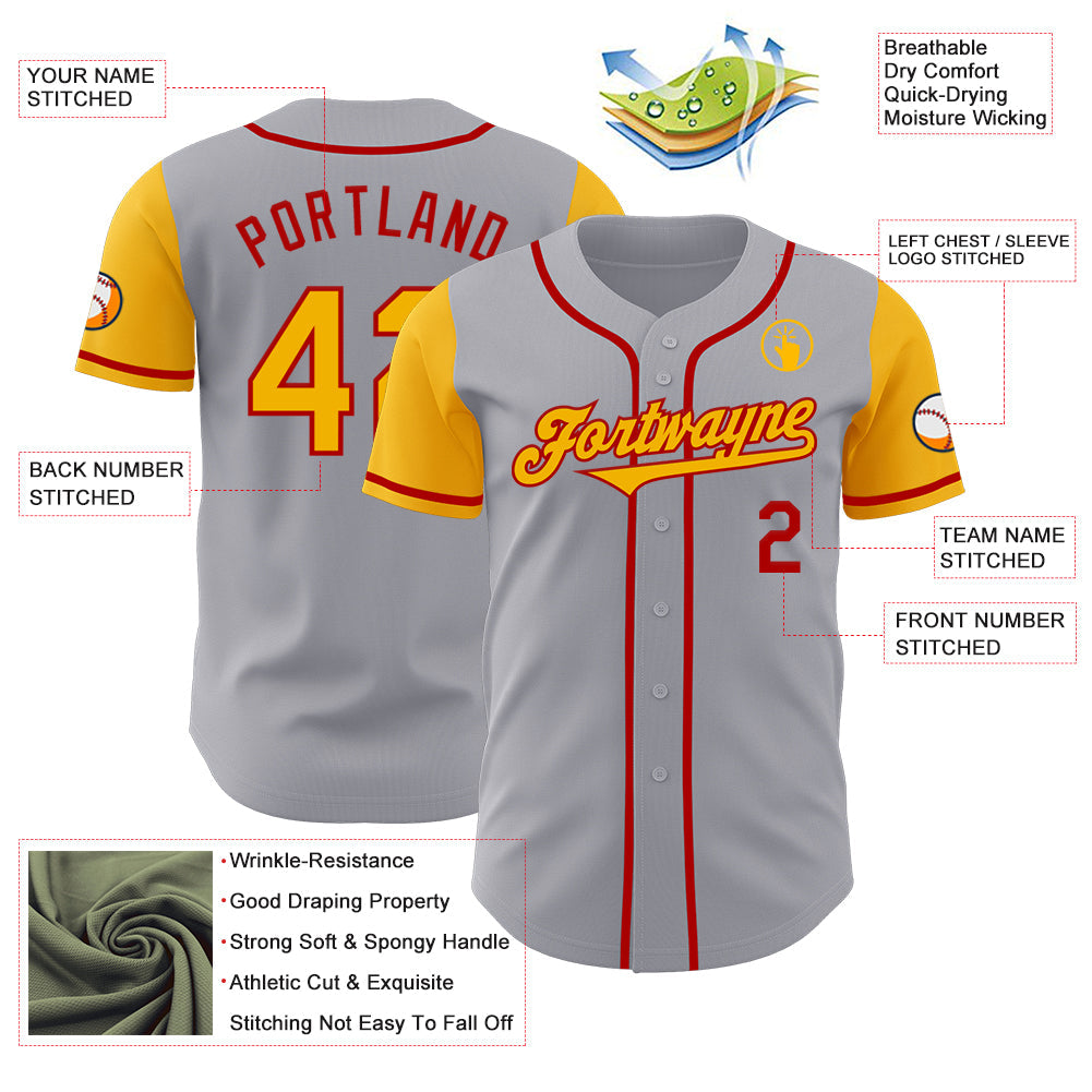 Custom Gray Gold-Red Authentic Two Tone Baseball Jersey view 3