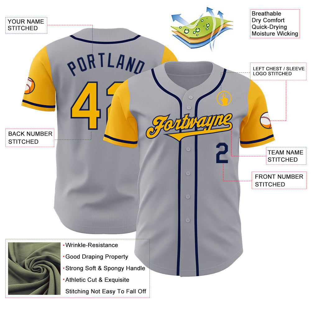 Custom Gray Gold-Navy Authentic Two Tone Baseball Jersey view 3