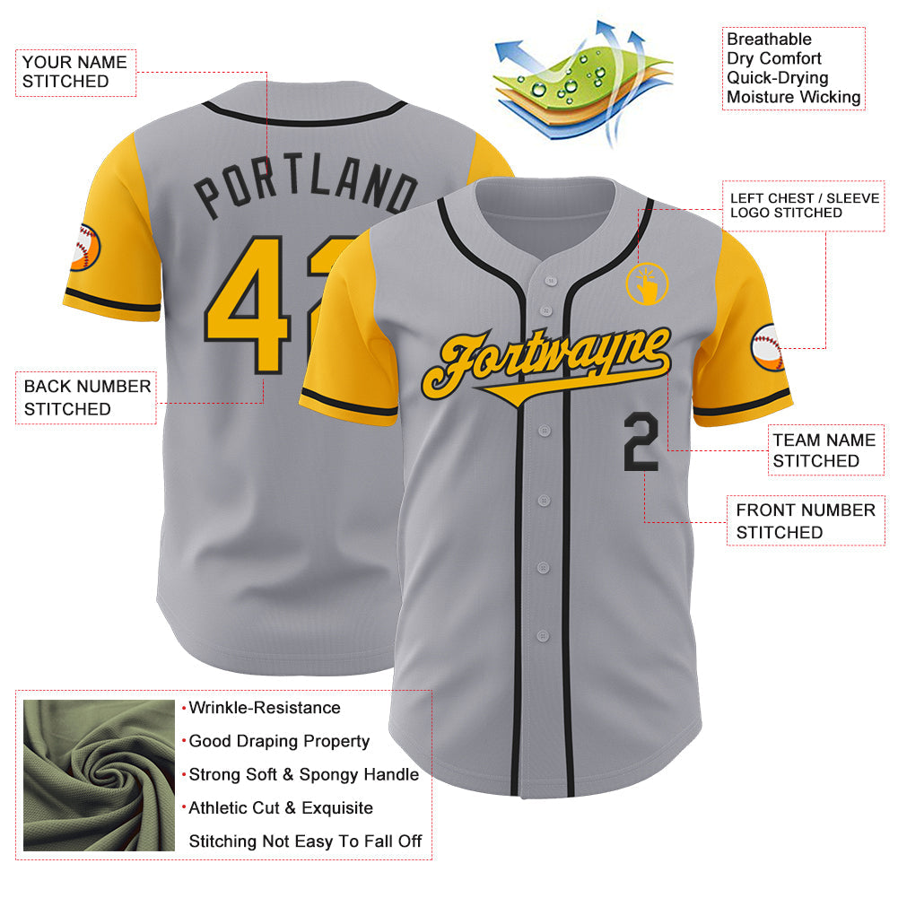 Custom Gray Gold-Black Authentic Two Tone Baseball Jersey view 3