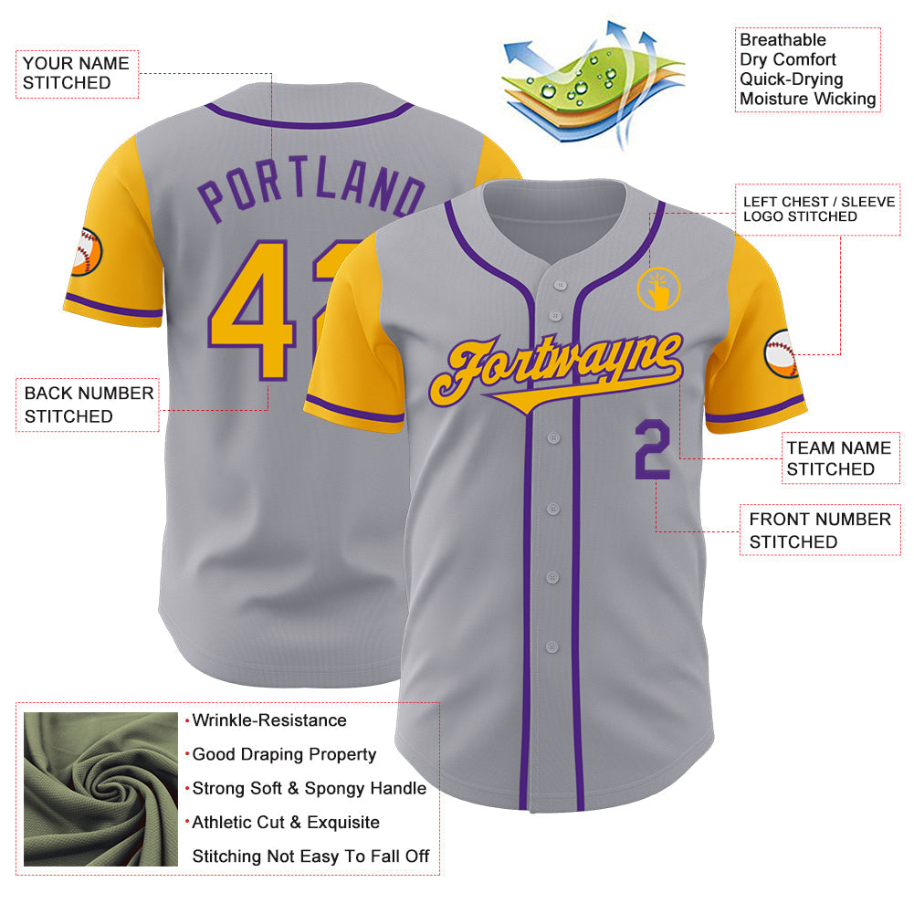 Custom Gray Gold-Purple Authentic Two Tone Baseball Jersey view 3