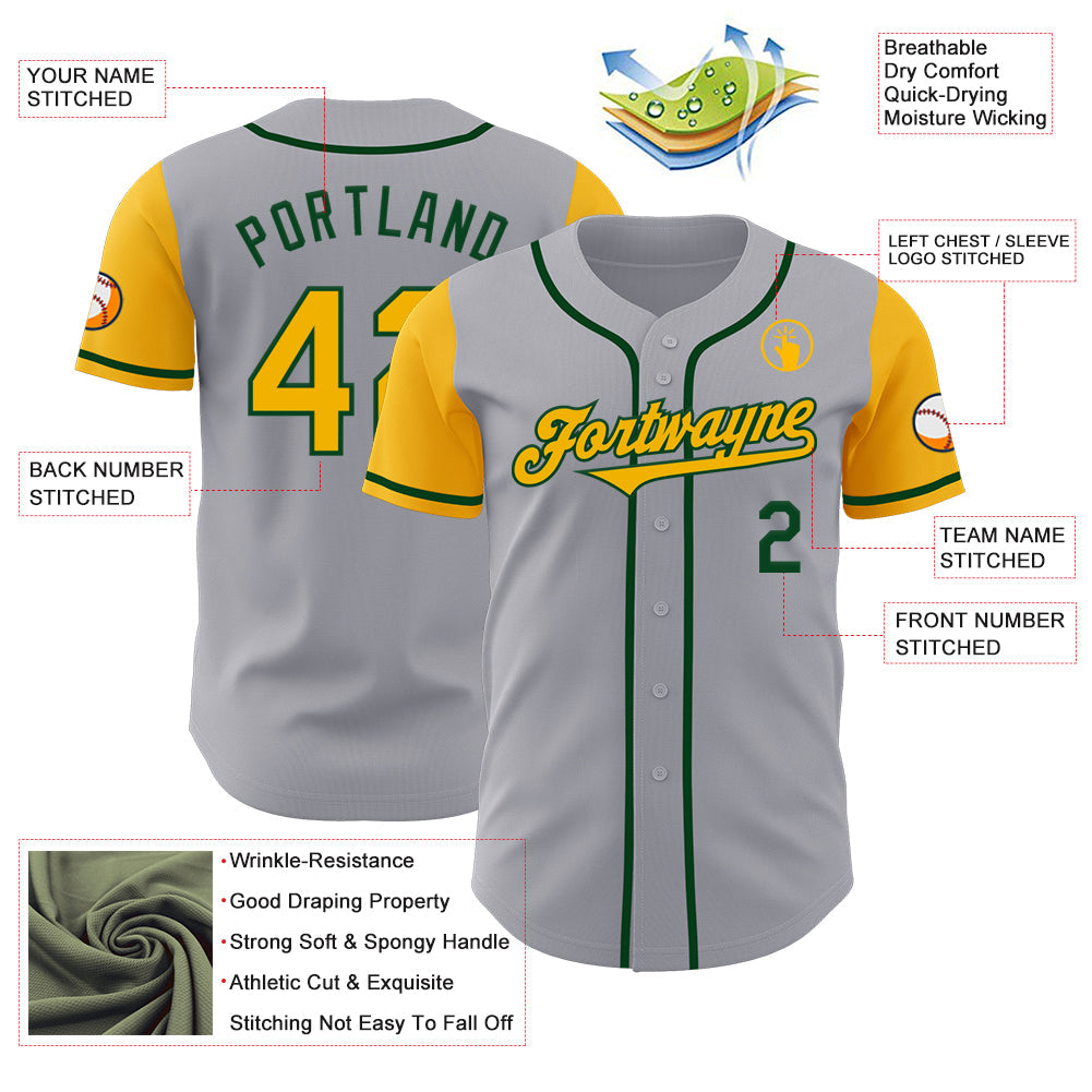 Custom Gray Gold-Green Authentic Two Tone Baseball Jersey view 3