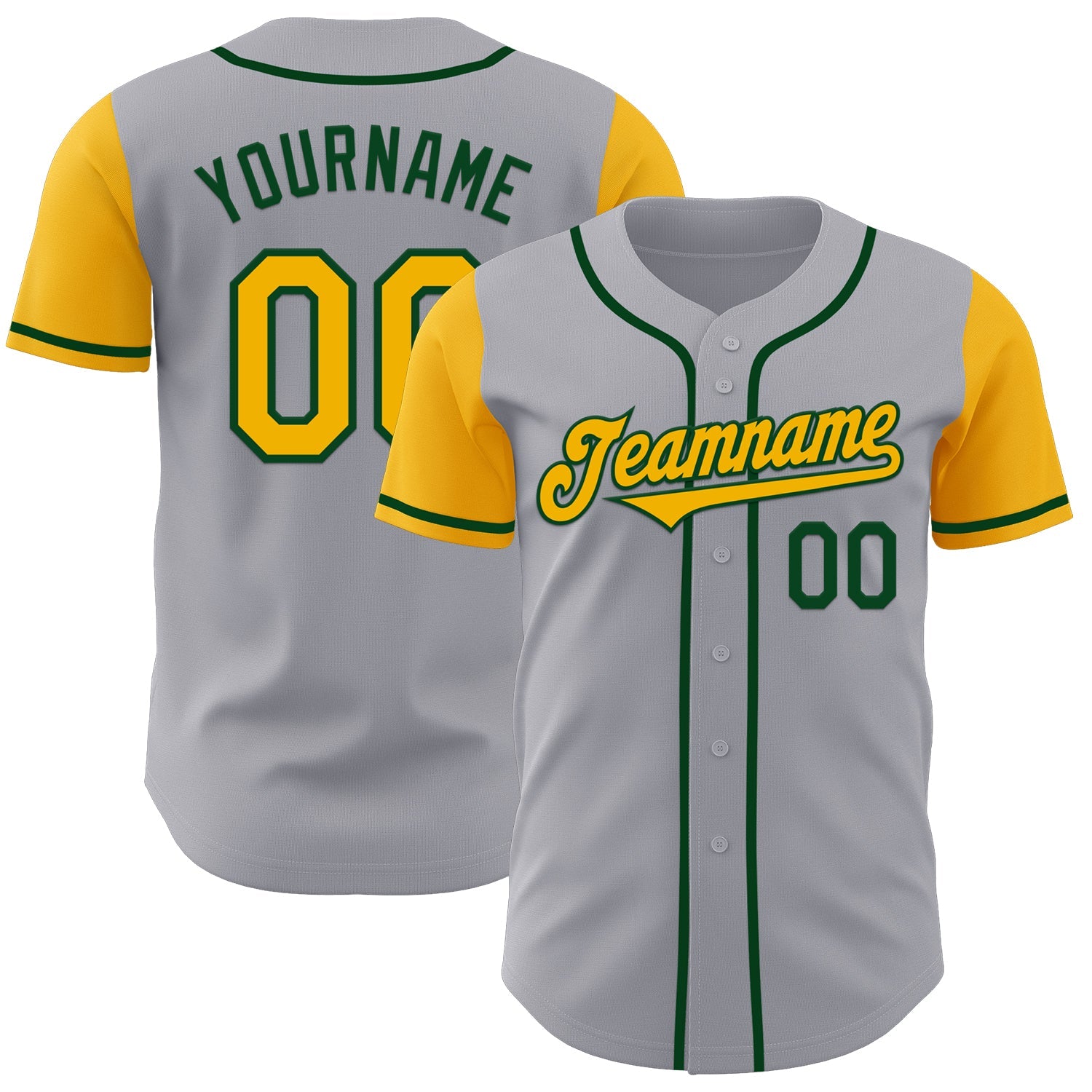 Custom Gray Gold-Green Authentic Two Tone Baseball Jersey - Main View