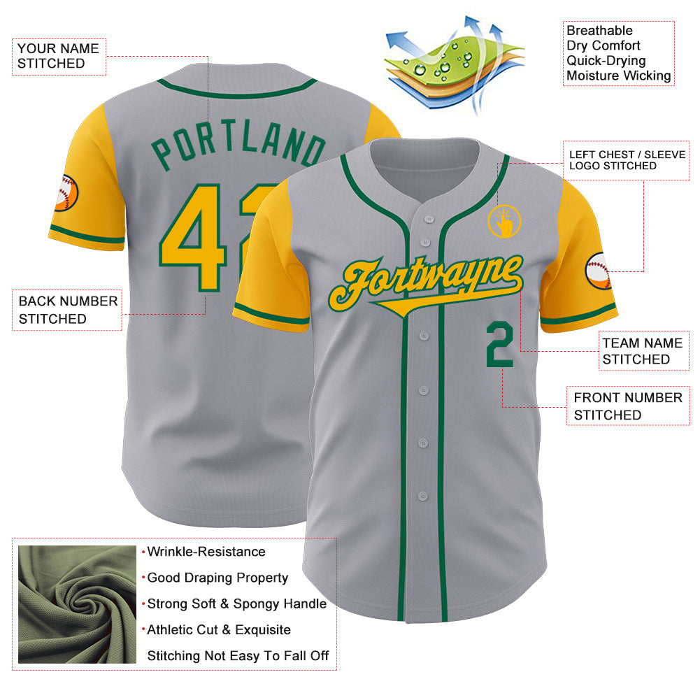 Custom Gray Gold-Kelly Green Authentic Two Tone Baseball Jersey view 3