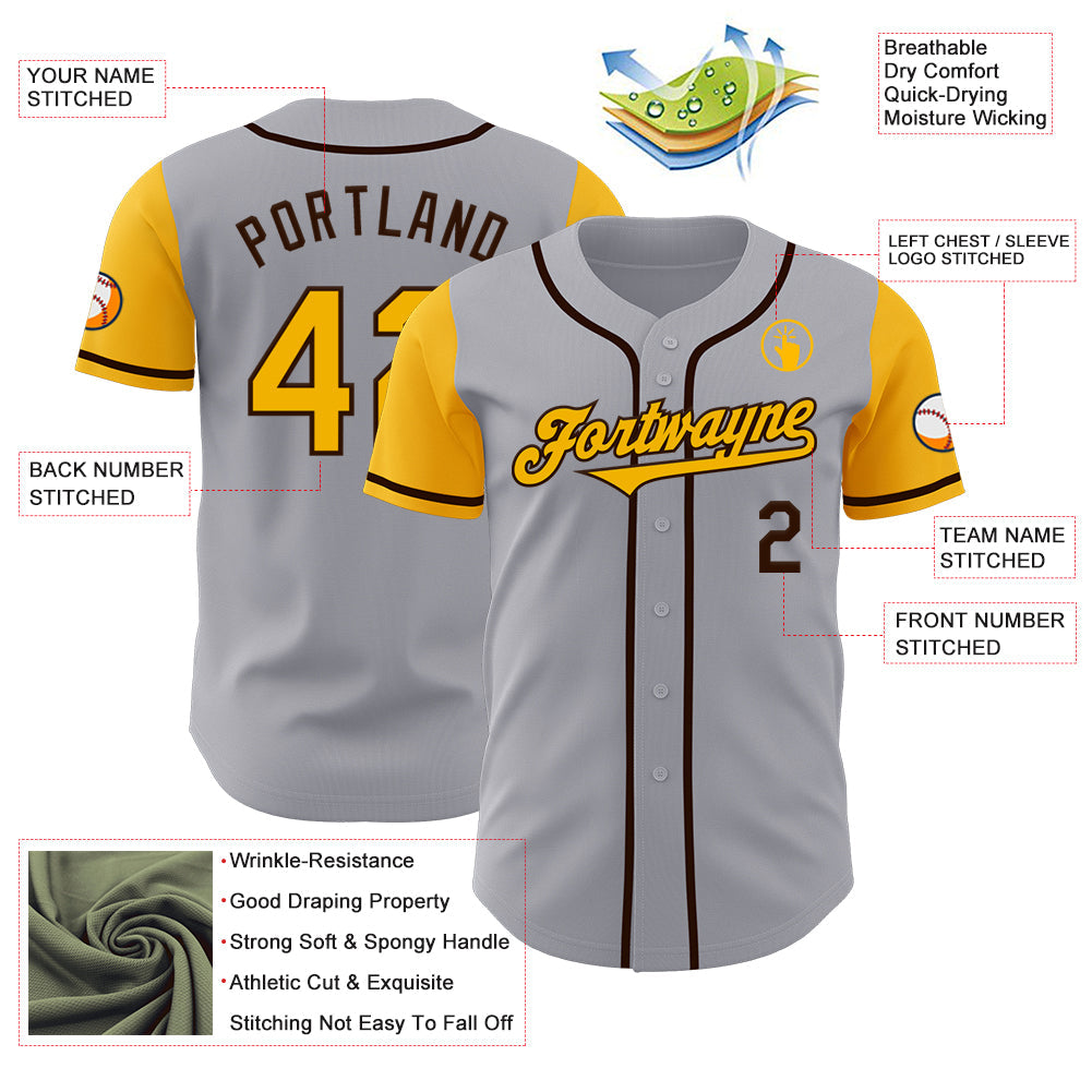 Custom Gray Gold-Brown Authentic Two Tone Baseball Jersey view 3