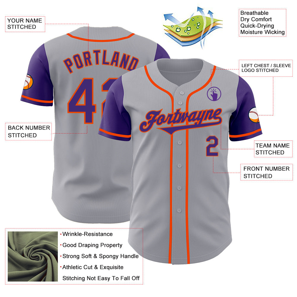 Custom Gray Purple-Orange Authentic Two Tone Baseball Jersey view 3