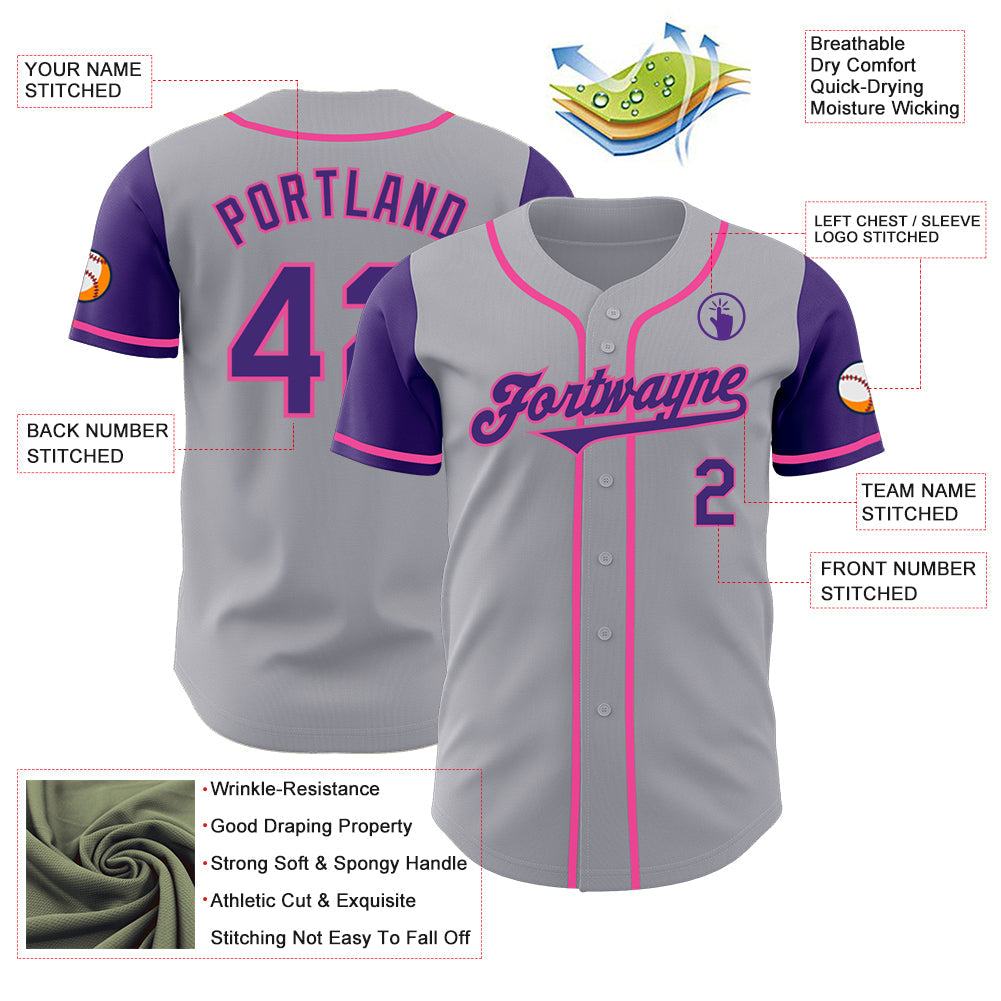 Custom Gray Purple-Pink Authentic Two Tone Baseball Jersey view 3