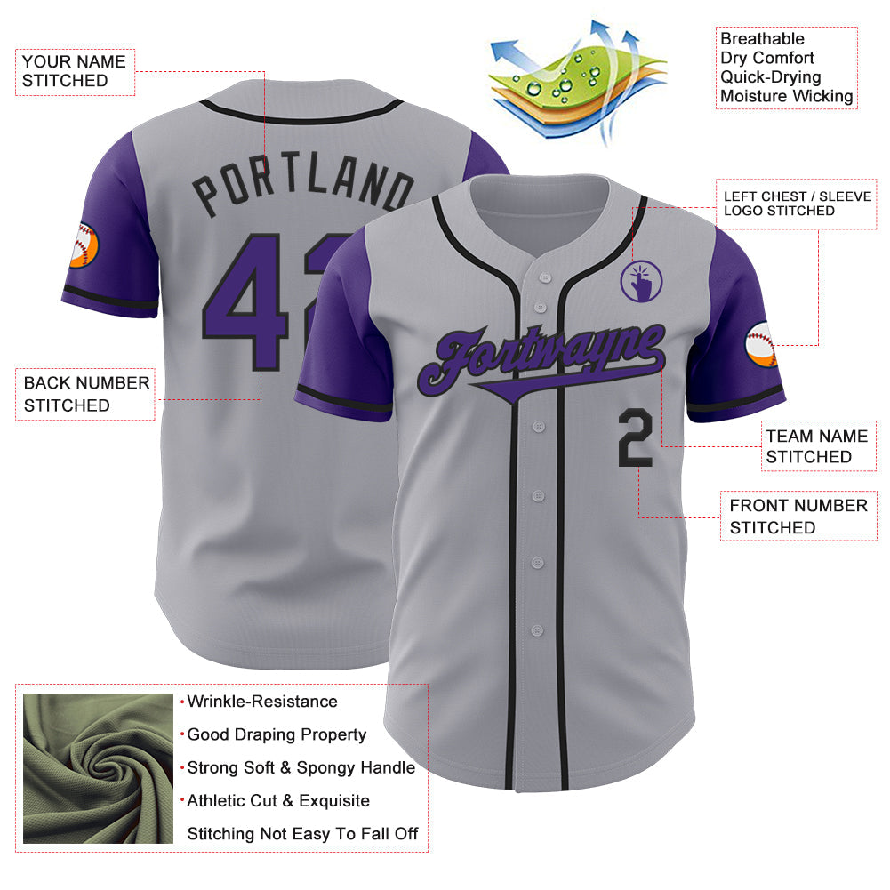 Custom Gray Purple-Black Authentic Two Tone Baseball Jersey view 3