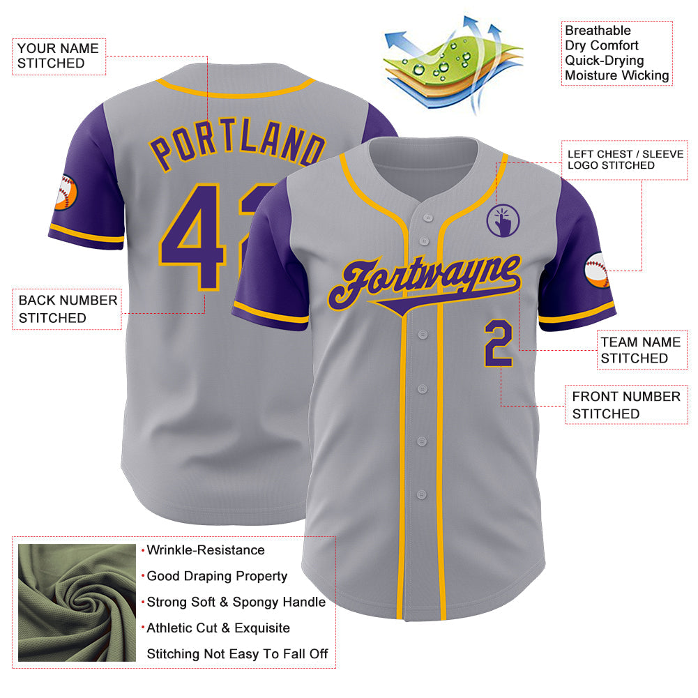 Custom Gray Purple-Gold Authentic Two Tone Baseball Jersey view 3