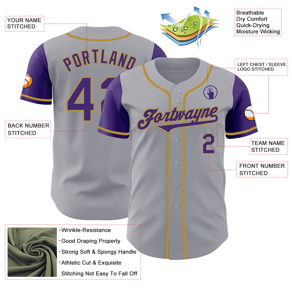 Custom Gray Purple-Old Gold Authentic Two Tone Baseball Jersey view 3
