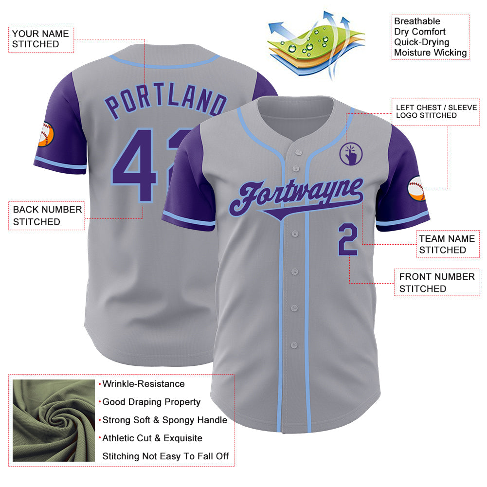 Custom Gray Purple-Light Blue Authentic Two Tone Baseball Jersey view 3