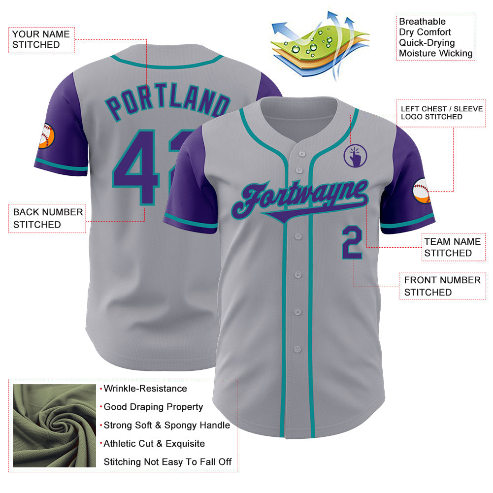 Custom Gray Purple-Teal Authentic Two Tone Baseball Jersey view 3