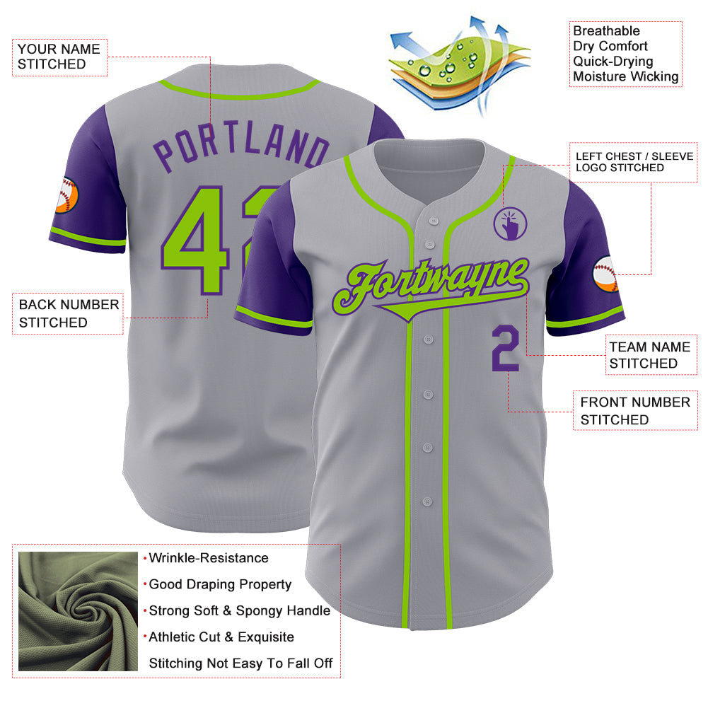 Custom Gray Neon Green-Purple Authentic Two Tone Baseball Jersey view 3
