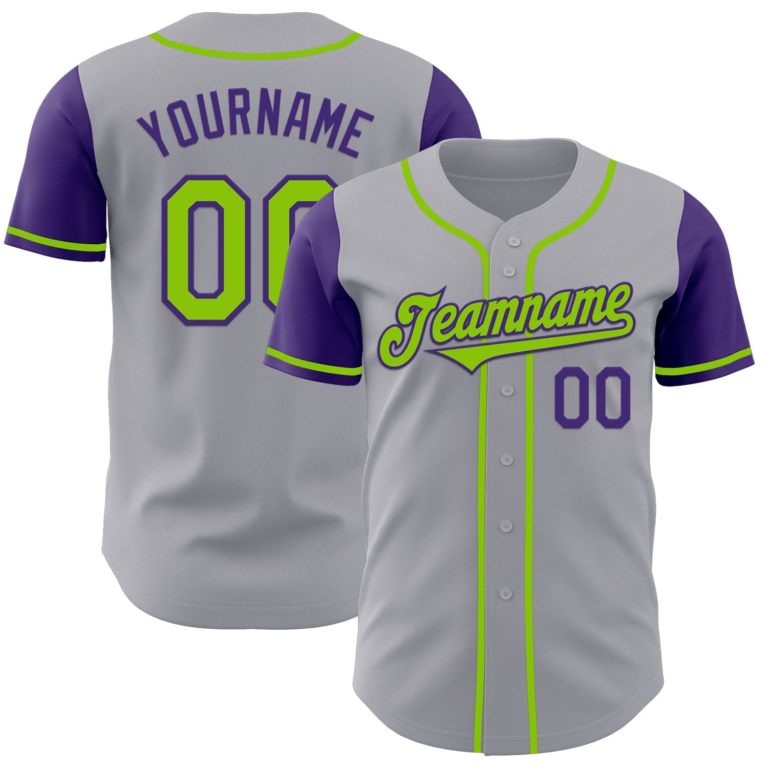 Custom Gray Neon Green-Purple Authentic Two Tone Baseball Jersey - Main View