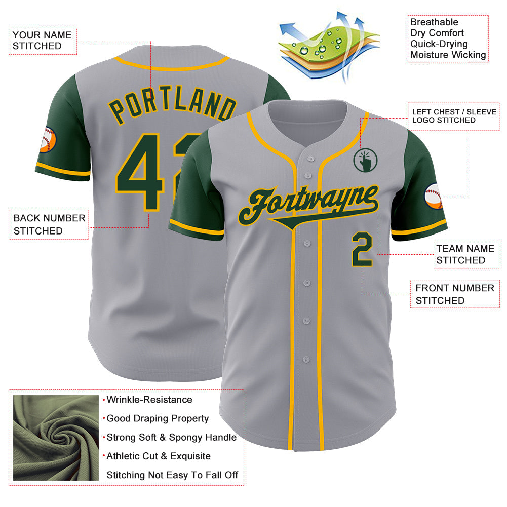 Custom Gray Green-Gold Authentic Two Tone Baseball Jersey view 3