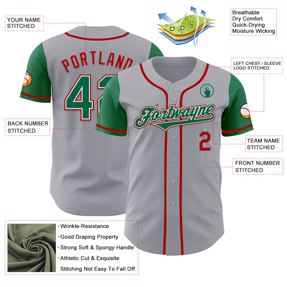 Custom Gray Kelly Green-Red Authentic Two Tone Baseball Jersey view 3
