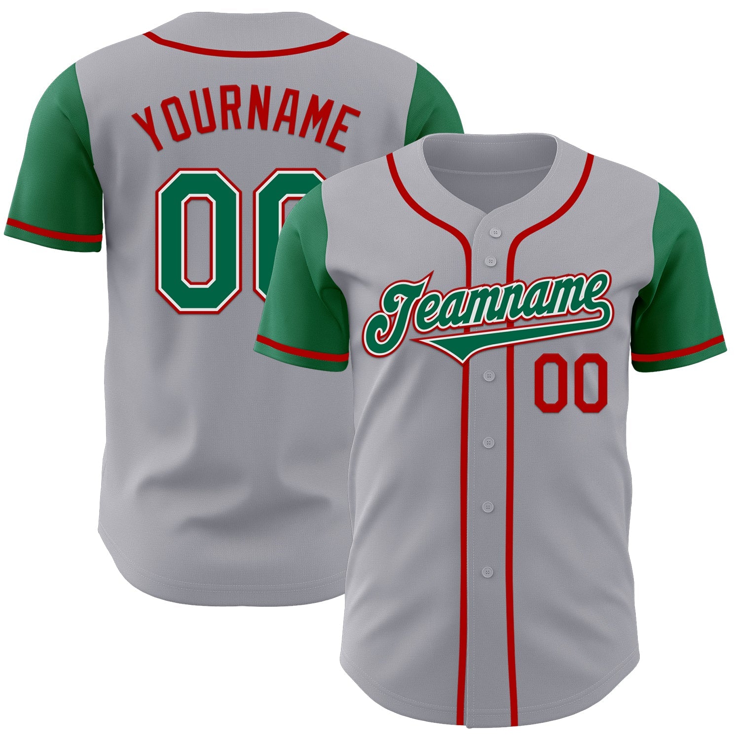 Custom Gray Kelly Green-Red Authentic Two Tone Baseball Jersey - Main View