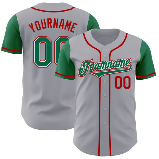 Custom Gray Kelly Green-Red Authentic Two Tone Baseball Jersey - Main View