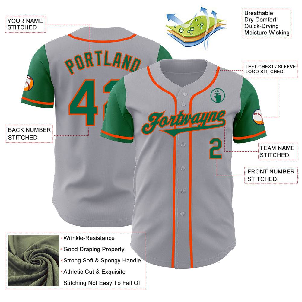 Custom Gray Kelly Green-Orange Authentic Two Tone Baseball Jersey view 3
