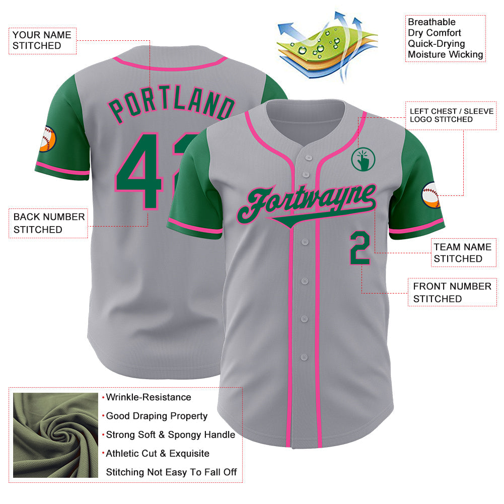 Custom Gray Kelly Green-Pink Authentic Two Tone Baseball Jersey view 3