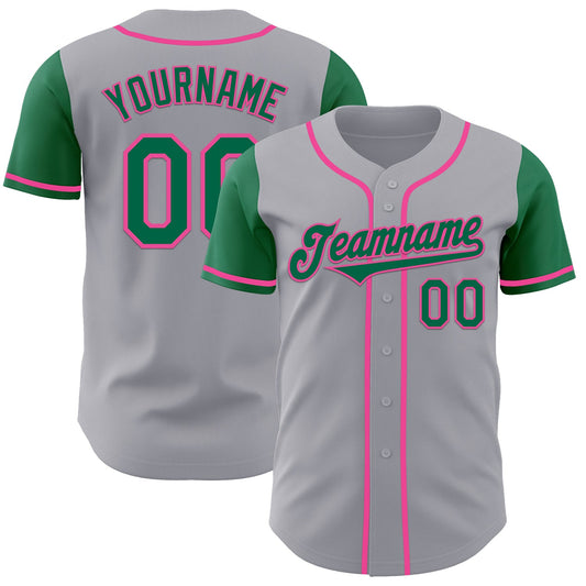 Custom Gray Kelly Green-Pink Authentic Two Tone Baseball Jersey - Main View