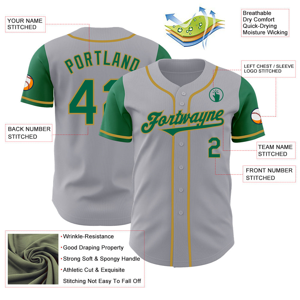 Custom Gray Kelly Green-Old Gold Authentic Two Tone Baseball Jersey view 3