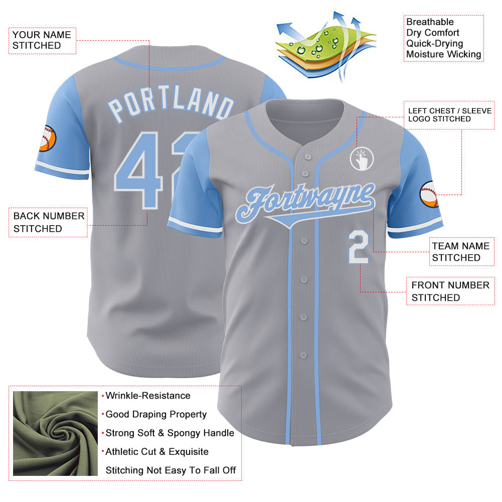 Custom Gray Light Blue-White Authentic Two Tone Baseball Jersey view 3
