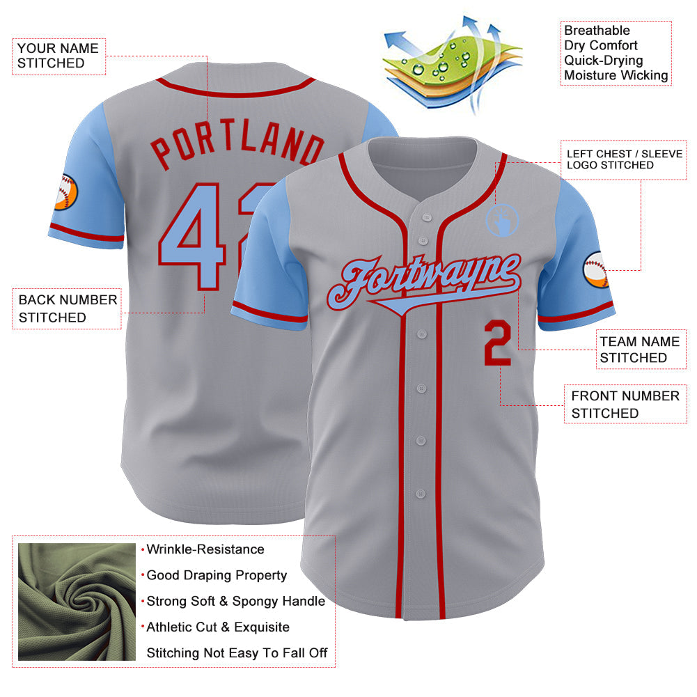 Custom Gray Light Blue-Red Authentic Two Tone Baseball Jersey view 3