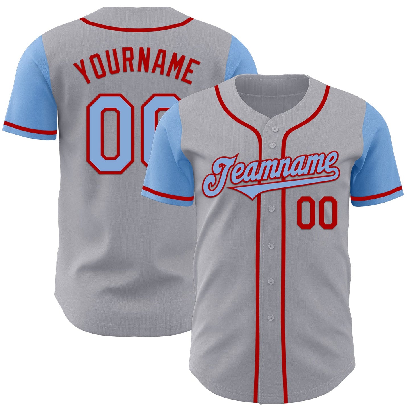 Custom Gray Light Blue-Red Authentic Two Tone Baseball Jersey - Main View
