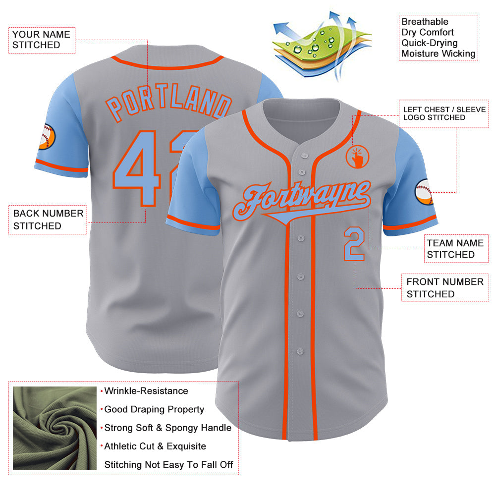 Custom Gray Light Blue-Orange Authentic Two Tone Baseball Jersey view 3