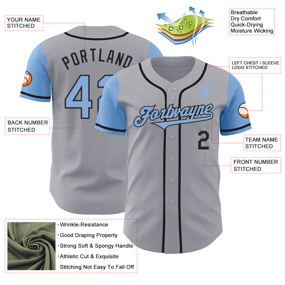 Custom Gray Light Blue-Black Authentic Two Tone Baseball Jersey view 3